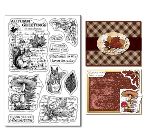 arriettycraft Herbst-Eichhörnchen-Gummistempel für Tagebücher oder Kartenherstellung, Nüsse, Pilze, Herbststimmung, Gummistempel für Tagebücher, Planer, Scrapbooking, Papier, Basteln, Dekoration von arriettycraft