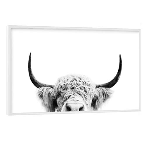artboxONE Poster mit weißem Rahmen 90x60 cm Tiere Peeking Cow BW - Bild schwarz und weiß von artboxONE