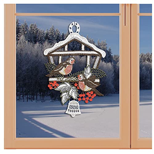 Klassisches Fensterbild Vogelhaus mit Winter-Vögeln Weihnachts-Fensterdeko aus Plauener Spitze von artex deko