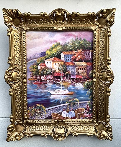 Bild mit Rahmen Barock Wandbild 56x46 Gerahmte Gemälde Meer Seeblick Segelschiff 56x46cm Bild in Antik Look Wandbild Landschaftsbild Segelboot Yacht Hafen Balcony Blick Terrasse mit Seeblick von artissimo