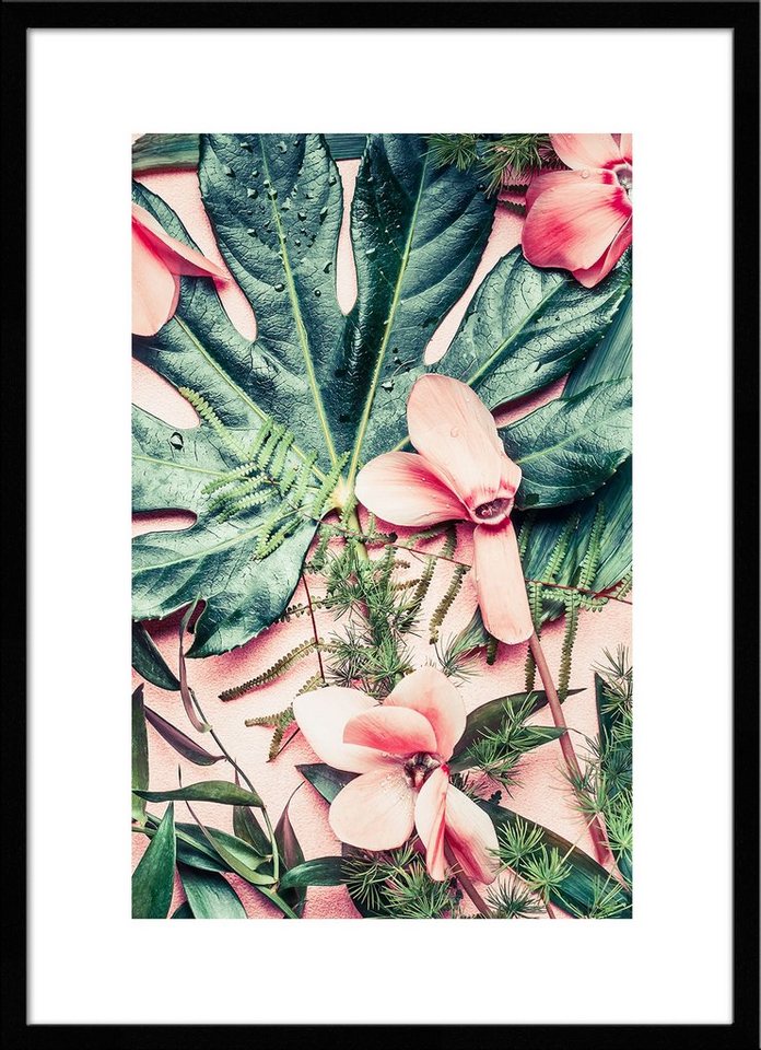 artissimo Bild mit Rahmen Bild gerahmt 51x71cm / Design-Poster mit Holz-Rahmen / Wandbild, Tropische Blumen und Blätter von artissimo