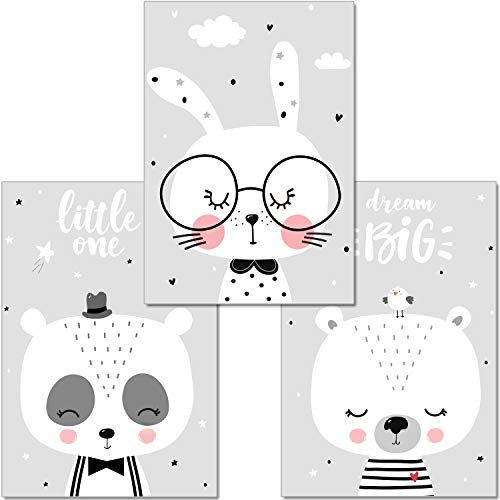 artpin® 3er Set Poster Kinderzimmer Deko - Bilder Babyzimmer DIN A4 - Wandbilder Mädchen Junge Schwarz Weiß Grau - Kinderposter Panda Bär Hase Wolken (P46) von artpin