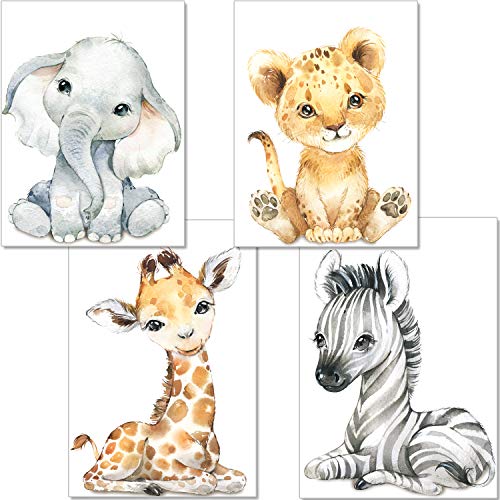artpin® 4er Set Bilder Babyzimmer Deko Junge Mädchen - DIN A4 Poster Kinderzimmer Baby Dschungel Tiere - Safari Afrika Wandbilder - Elefant Tiger Giraffe Zebra P60 von artpin