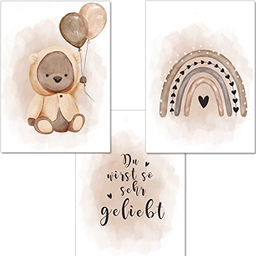 artpin® Bilder Kinderzimmer - A4 Poster Babyzimmer Junge Mädchen beige braun Baby Bär Luftballon P85 von artpin