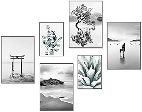 artpin® Moderne Poster Set - Bilder Wohnzimmer Deko Schlafzimmer - Eukalyptus Mint schwarz weiß Bilderwand ohne Rahmen(4x A4|2x A5) W15 von artpin