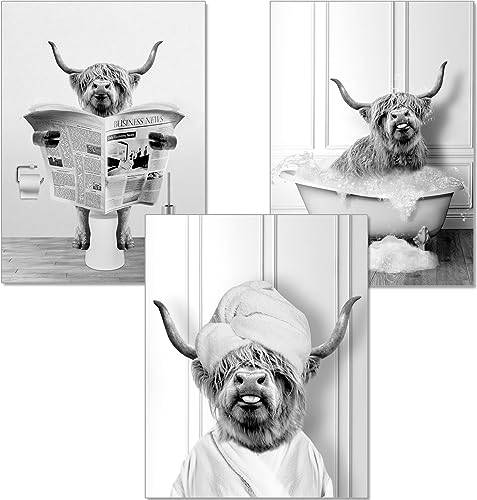 artpin® Poster Badezimmer Deko A4 Bilder Bad schwarz-weiß WC Deko Rind Tier in der Badewanne, auf Toilette B15 von artpin