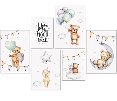 artpin® Poster Kinderzimmer Deko - Bilder Babyzimmer Junge Mädchen - Grau Mint Luftballon Teddy A3 – P80 von artpin