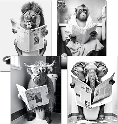 artpin® WC Deko Poster Badezimmer Bilder - A4 Kunstdruck schwarz weiß Toilette Wanddeko 4er Set Hochlandrind Affe Löwe Elefant Safari B19 von artpin