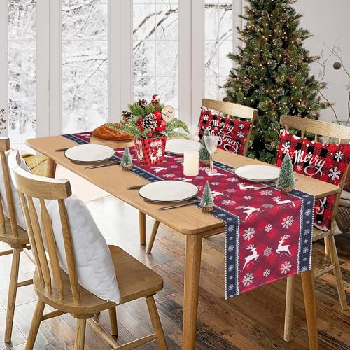 Weihnachtstischläufer, Leinen, rot-schwarz, Büffelkariert, Hirsch, Schneeflocke, Tischläufer, saisonale Winter-Weihnachtsfeiertagsdekorationen für Zuhause, Küche, Esszimmer, Party, Dekoration, 183 cm von astarye