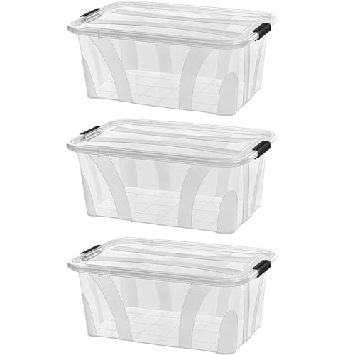 astor24 PREMIUM 3er XXL Set Aufbewahrungsbox transparent Organizer mit Deckel stapelbar. Ideal für Büro, Kinderzimmer, Küche & Werkstatt (3er Set 14 Liter) von astor24