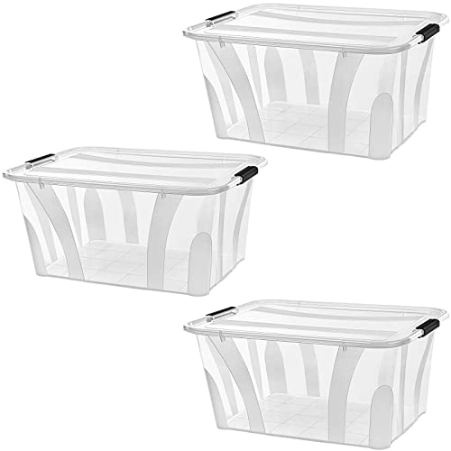 astor24 PREMIUM 3er XXL Set Aufbewahrungsbox transparent Organizer mit Deckel stapelbar. Ideal für Büro, Kinderzimmer, Küche & Werkstatt (3er Set 55 Liter) von astor24