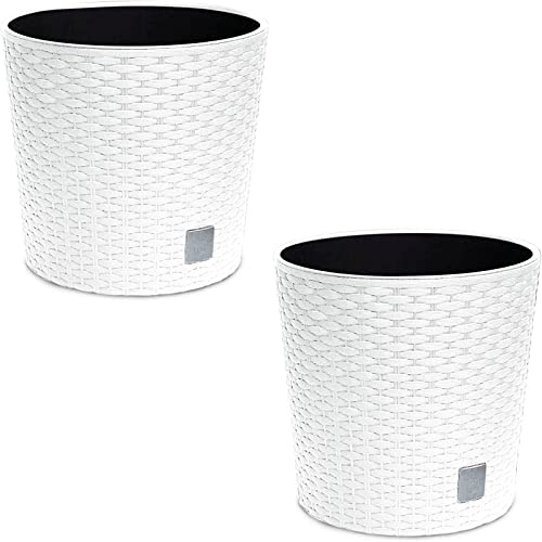 astor24 - 2X Blumentopf Anthrazit in Rattan-Optik - Pflanzkübel mit Einsatz - Rattan-Blumentopf für Garten - In/Outdoor - Höhe 20 cm - Ø 20 cm (2er Set 20cm Ø, Weiß) von astor24