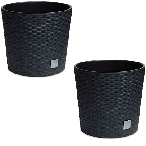 astor24 - 2X Blumentopf Anthrazit in Rattan-Optik - Pflanzkübel mit Einsatz - Rattan-Blumentopf für Garten - In/Outdoor - Höhe 27.5 cm - Ø 30 cm (2er Set 30cm Ø, Schwarz) von astor24