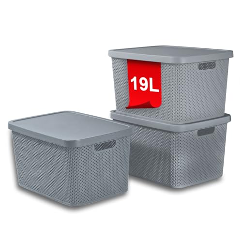 astor24 PREMIUM 3er XXL Set Aufbewahrungsbox Korb mit Deckel Organizer Ideal für Büro, Kleiderschrank, Schrank, Küche & Haushalt (Grau, 3er Set 19 Liter) von astor24
