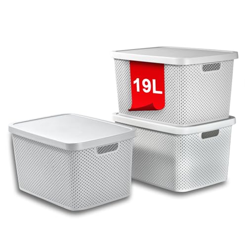 astor24 PREMIUM 3er XXL Set Aufbewahrungsbox Korb mit Deckel Organizer Ideal für Büro, Kleiderschrank, Schrank, Küche & Haushalt (Weiß, 3er Set 19 Liter) von astor24