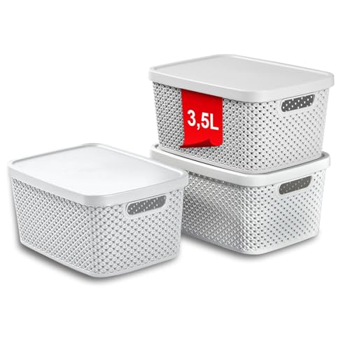 astor24 PREMIUM 3er XXL Set Aufbewahrungsbox Korb mit Deckel Organizer Ideal für Büro, Kleiderschrank, Schrank, Küche & Haushalt (Weiß, 3er Set 3. 5 Liter) von astor24