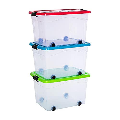 astor24 PREMIUM 3er XXL Set Aufbewahrungsbox transparent Organizer mit Deckel und Rollen 40 Liter stapelbar - Ideal für Büro, Kinderzimmer, Küche & Werkstatt (3er Set 40 Liter) von astor24