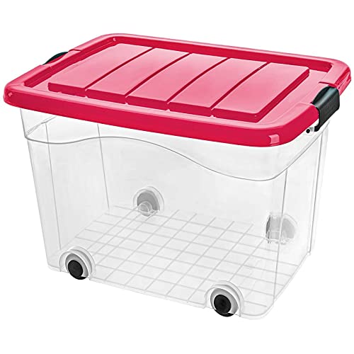 astor24 PREMIUM Aufbewahrungsbox Organizer mit Deckel und Rollen stapelbar. Ideal für Büro, Kinderzimmer, Küche & Werkstatt (40 Liter, Deckel Rot) von astor24