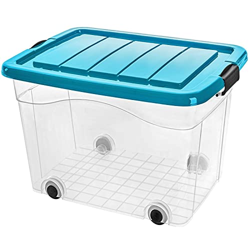 astor24 PREMIUM Aufbewahrungsbox Spielzeug Organizer mit Deckel und Rollen stapelbar. Ideal für Büro, Kinderzimmer, Küche & Werkstatt (40 Liter, Deckel Blau) von astor24