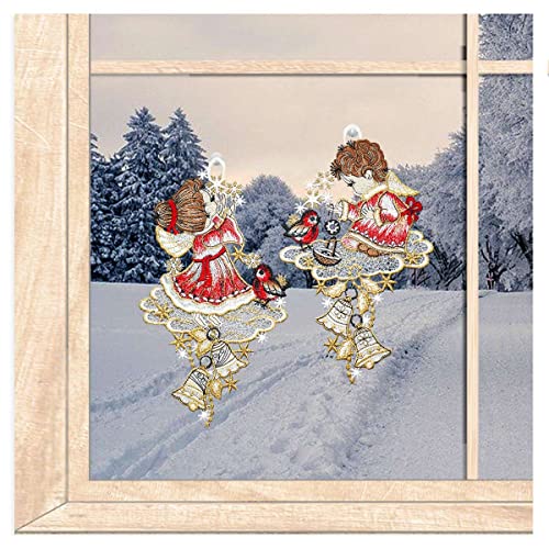 2er Set Winter-Fensterbilder Engelpaar mit Vögelchen - zauberhafte Fensterdekoration aus Plauener Spitze 14 x 24 cm von atelier alles-Spitze
