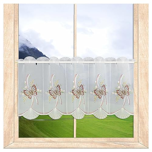 Hochwertige Stickerei-Scheibengardine Schmetterlinge in Terra aus Echte Plauener Spitze in edel-klassischem Design 35 x 96 cm von atelier alles-Spitze