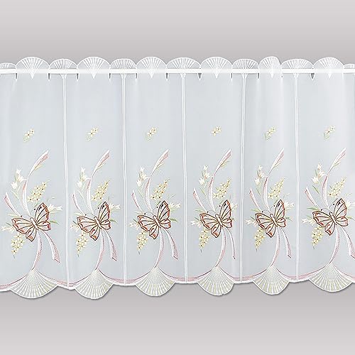 Hochwertige Stickerei-Scheibengardine Schmetterlinge in Terra aus Echte Plauener Spitze in edel-klassischem Design 55 x 144 cm von atelier alles-Spitze