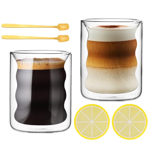 2er Set Latte Macchiato Gläser, Doppelwandige Kaffeegläser 200ml, Espresso Gläser mit Löffel und Untersetzer, Thermo Kaffeegläser, Spiralförmig Cappuccino Tassen Saftgläser Glas Cup von autumndeer