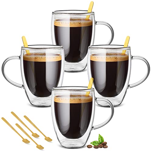 Cappuccino Glas Tassen (4er Set) 350ml doppelwandige Espressotassen Glasbecher Set mit 4 goldenen Löffeln, Trinkkaffeetassen mit Griff, Klarglasbecher für Latte, Cappuccino, Teebeutel, Saft von autumndeer