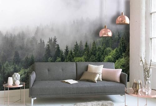 Fototapete Wald Nebel Grün Grau Natürliches Motiv | 3,50 x 2,55 m | Made in Germany von awallo
