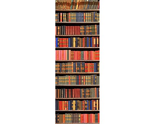 awallo Dekopanel Motiv Bücherregal in den Farben Braun Rot Grün in 100 x 280 cm Fototapete mit Büchern auf Vliestapete Made in Germany einfache und schnelle Verarbeitung von awallo