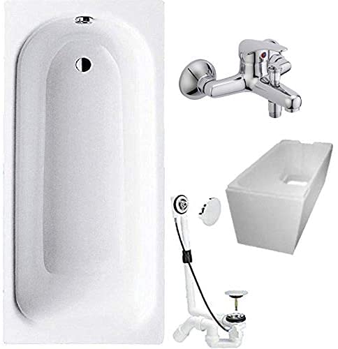 BADOSAN Badewanne 4-in-1 KOMPLETT SET Stahl Rechteckwanne 170 x 75cm weiß inkl. Wannenträger, Ablaufgarnitur und Wandarmatur von badosan