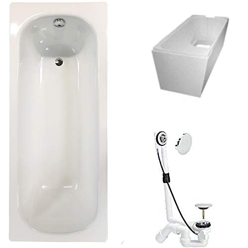 Badewanne Stahl KOMPLETT SET 170x70cm + Wannenträger + Ablaufgarnitur weiß von badosan