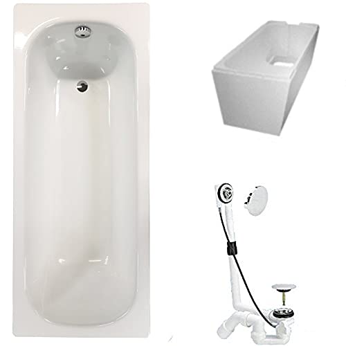 Badewanne Stahl KOMPLETT SET 180 x 80cm + Styropor Wannenträger + Ablaufgarnitur weiß von badosan