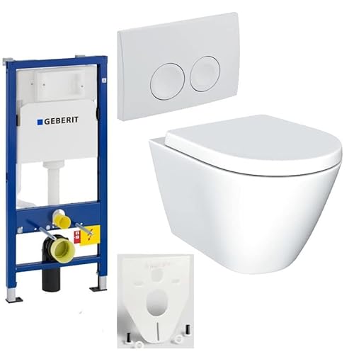 GEBERIT Duofix Vorwandelement Basic + Wand Tiefspül WC MODERN LIFE SPÜLRANDLOS + WC-Sitz + Betätigungsplatte DELTA21 von badosan