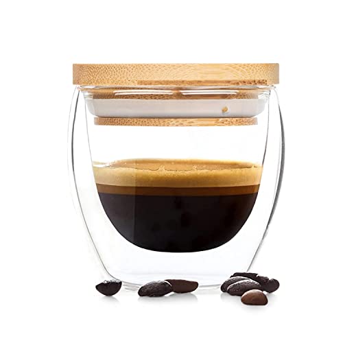 bambuswald© Trinkglas doppelwandiges Kaffeeglas aus Borosilikatglas, Becher für Cappucino, Eiskaffee und Espresso, spülmaschinenfeste Kaffeetasse, handgefertigte Espressotasse, mit Bambusdeckel 100 ml von bambuswald