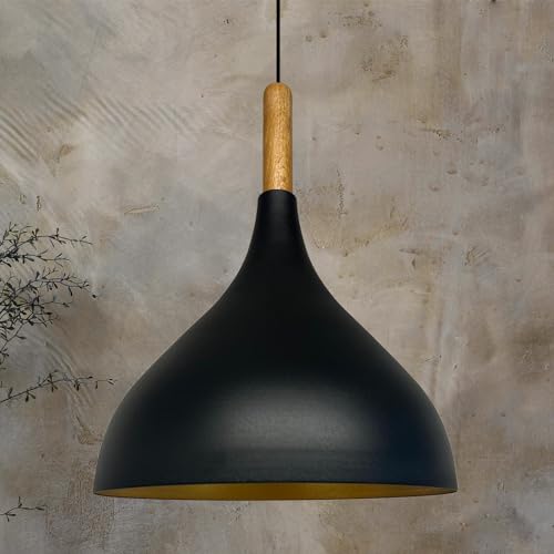 bamyum Adash, Flammige Metall mit Holz Hängelampe Ø26 cm, E27 Lampe Wohnzimmer, Lampenschirm Hängeleuchte, Deckenlampe, Wohnzimmer Pendellampe, Esstischlampe, Pendelleuchte Schwarz von bamyum