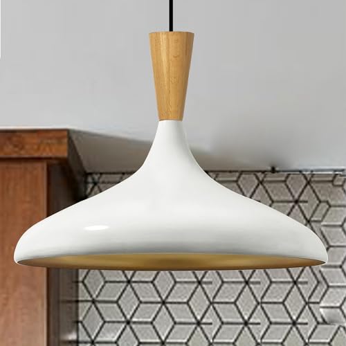 bamyum Champion Pendelleuchte aus Holz, 35 cm Hängelampe Metall E27 Moderne Esstisch Lampe, Skandinavisch Pendellampe für Schlafzimmer Wohnzimmer Küche Esstisch, Küchenlampe Hängend Weiß von bamyum