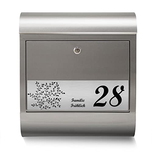 banjado® Briefkasten personalisiert mit graviertem Namensschild in Silber/Briefkasten Edelstahl 38x43x12cm / Briefkasten mit Hausnummer, Namen & Motiv Dezente Ranke/Briefkasten mit Zeitungsfach von banjado