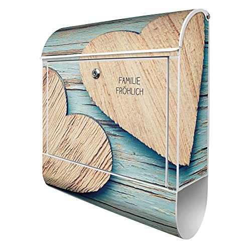 banjado® Design Briefkasten personalisiert mit Motiv Holz Herzen 39x47x14cm & 2 Schlüssel - Briefkasten Stahl weiß mit Zeitungsfach pulverbeschichtet - Postkasten A4 Einwurf inkl. Montagematerial von banjado