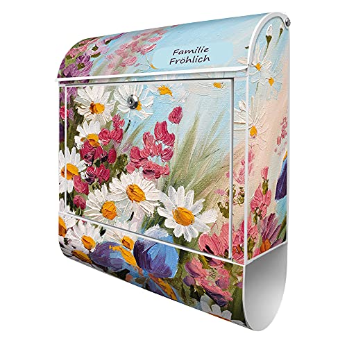 banjado® Design Briefkasten personalisiert mit Motiv Sommerstrauss 39x47x14cm & 2 Schlüssel - Briefkasten Stahl weiß mit Zeitungsfach pulverbeschichtet - Postkasten A4 Einwurf inkl. Montagematerial von banjado