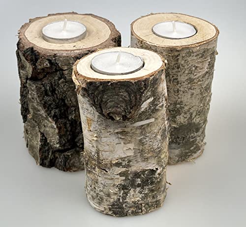 Teelichthalter aus Birken-Holz | 3er Set Kerzenhalter | Holz-Deko Windlicht | Tisch-Deko Teelicht | Teelichthalter Holz | Natürliche Baumstumpf von BAS
