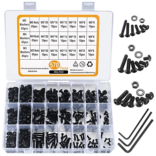 570 Stk Innensechskantschrauben mit Muttern Unterlegscheiben Set, Rundkopf Schrauben Set, M3 M4 M5 Linsenkopf Innensechskant Gewindeschrauben Set und Muttern und Unterlegscheiben Kit von bayidun