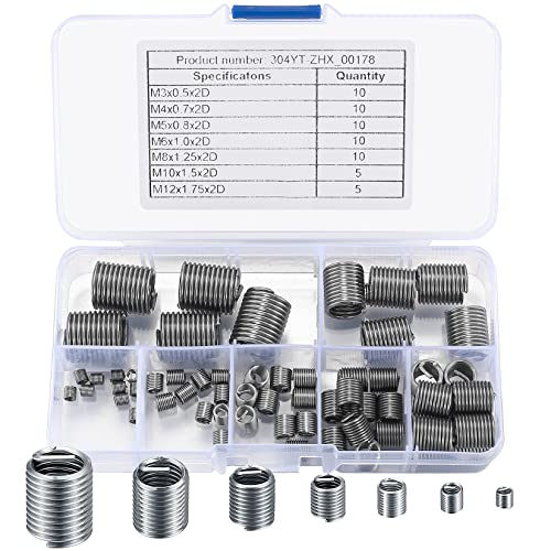 60 Stk Selbstschneidender Gewindeeinsätze, Helicoil Gewinde Reparatur Einsatz, Gewindereparatursatz, M3 M4 M5 M6 M8 M10 M12 Innengewinde Set für Metall Kunststoff Verarbeitenden Industrie von bayidun