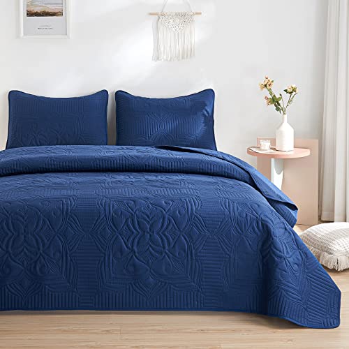 beeweed Tagesdecke Bettüberwurf 220x200cm Navy Blau, Bedspreads aus Mikrofaser, Quilt Überwurf Bett Überwurfdecke leicht, Steppdecke bei Ultraschall genäht mit 2 Kissenbezug, Blumenmuster von beeweed