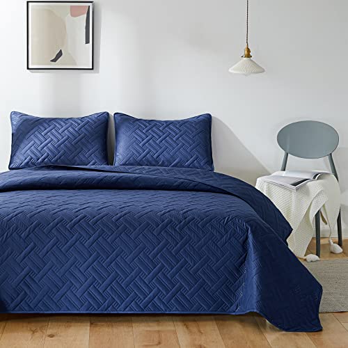 beeweed Tagesdecke Bettüberwurf 220x240cm Navy Blau, Bedspreads aus Mikrofaser, Quilt Überwurf Bett Überwurfdecke leicht, Steppdecke bei Ultraschall genäht mit 2 Kissenbezug, Korb Muster von beeweed