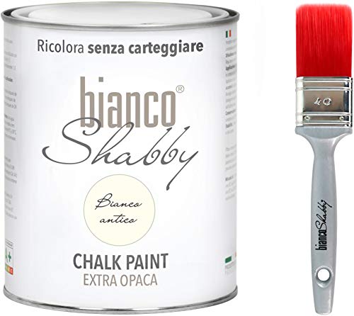 Chalk Paint Antik Weiß & Pinsel - Shabby Chic Vintage Extra Matt (1 Liter) + Professioneller Pinsel (40 mm) von bianco Shabby