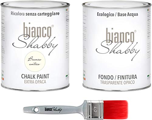 bianco Shabby® Kreidefarbe Set für Alle Oberflächen - 1 L Bianco Antico Farbe & 1 L Versiegelung Plus 40 mm Pinsel auch für Möbel - Holzfarbe & Möbelfarbe für Innen & Außenbereich von bianco Shabby