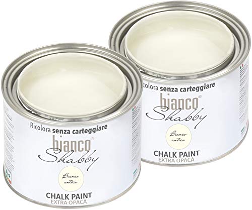 bianco Shabby Kreidefarbe für Alle Oberflächen - 2x 500 ml Farbe in Matt Antik Weiß auch für Möbel Geeignet - Chalk Paint Holzfarbe - Möbelfarbe für Innen & Aussenbereich von bianco Shabby