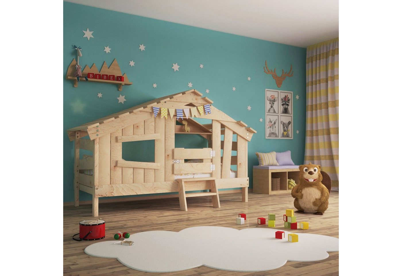 bibex Kinderbett APART CHALET Kinderbett, Jugendbett, Spielbett, naturbelassen von bibex