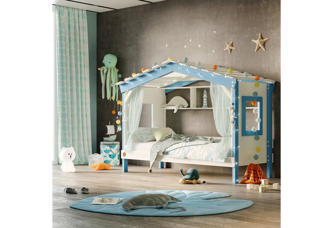 bibex Kinderbett DOLCE NIDO Kinderbett, Spielbett, Jugendbett, Spielhaus, Weiss/Blau von bibex